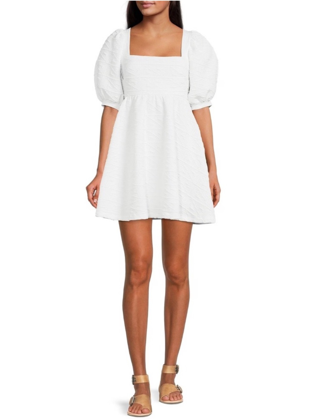 Free People Violet White Puff Sleeve Textured Bow Back Mini Dress